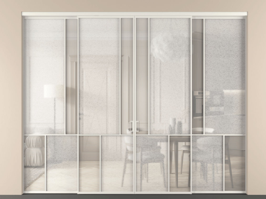 Перегородка Мозаик внутри проёма 4 створки АЛПР 041.20 Алюминий Белый Рифлёное стекло "Дюна", триплекс, 6 мм + Фактурное стекло "Лёд", триплекс. Скрытый короб БЕЛ Цена 473960 ₽ . Фабрика дверей Волховец 8 (800) 551 43 19 Перегородка Мозаик внутри проёма 4 створки АЛПР 041.20 Алюминий Белый Рифлёное стекло "Дюна", триплекс, 6 мм + Фактурное стекло "Лёд", триплекс Цена 473960 ₽ | Volhovec