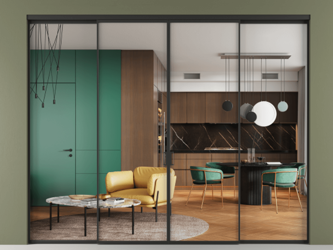 Перегородка Формато внутри проёма 4 створки АЛПР 040.01 Алюминий Черный Прозрачное стекло "Кристал Вижн", калёное. Скрытый короб ЧЕР Цена 392400 ₽ 1. Полотно 4 шт. (800/2100 мм)
2. Комплект установки раздвижной системы
3. Базовый комплект фурнитуры
4.Ручка Рондо. Фабрика дверей Волховец 8 (800) 551 43 19 Перегородка Формато внутри проёма 4 створки АЛПР 040.01 Алюминий Черный Прозрачное стекло "Кристал Вижн", калёное Цена 392400 ₽ | Volhovec