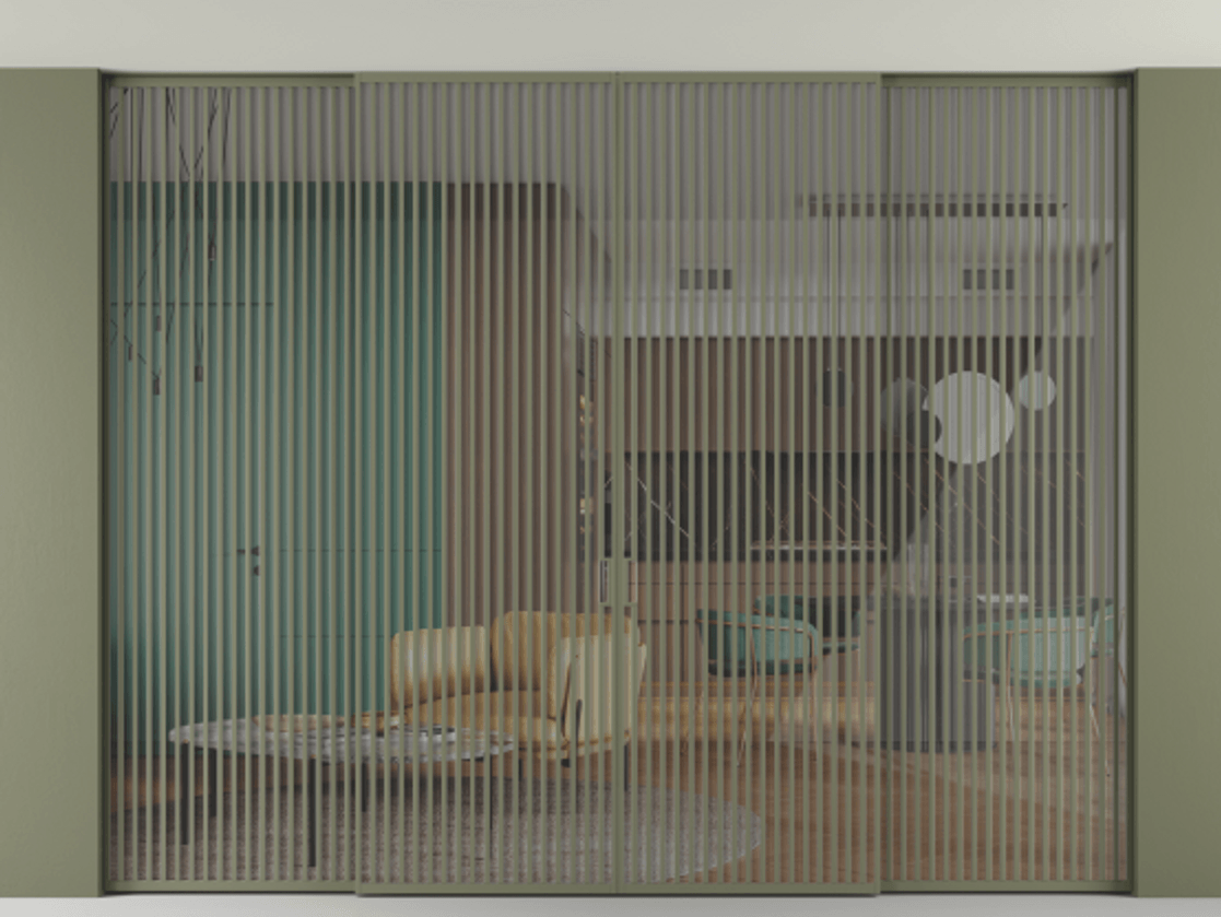 Перегородка Formato внутри проёма скрытое крепление в потолок 4 створки АЛПР 040.06 Алюминий оливковый тёмный Рефлективное прозрачное стекло "Stopsol", калёное Цена 1084970 ₽ | Volhovec