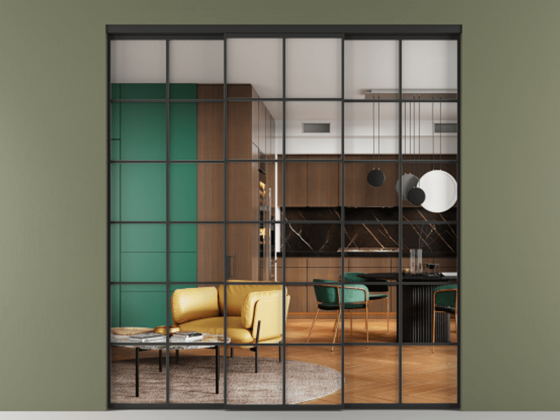 Перегородка Формато внутри проёма 3 створки АЛПР 040.05 Алюминий Черный Прозрачное стекло "Кристал Вижн", калёное Цена 275660 ₽ | Volhovec