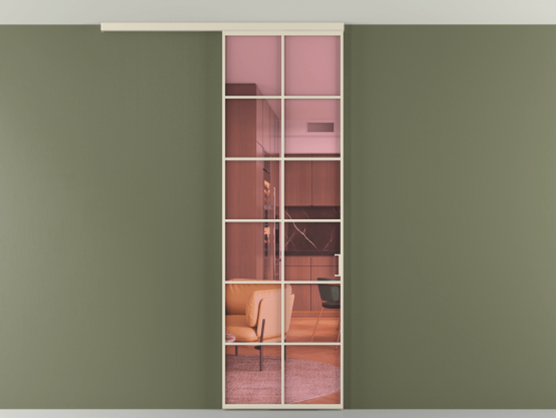 Межкомнатная дверь New Перегородка Formato вдоль стены на потолок одностворчатая АЛПР 040.05 Алюминий бежево-серый Прозрачное розовое стекло, триплекс Цена 113250  | Volhovec