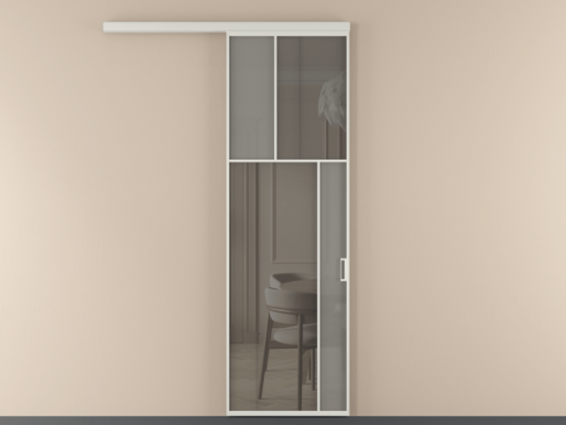 Перегородка Mosaic вдоль стены 1 створка АЛПР 041.23 Алюминий Белый Сатинированное серое стекло, триплекс, 6 мм + Прозрачное серое стекло, триплекс Цена 131390 ₽ | Volhovec