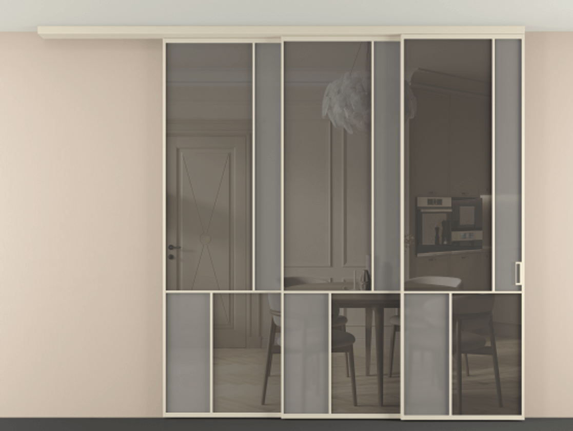 Перегородка Mosaic вдоль стены телескопик синхро 3 АЛПР 041.21 Алюминий бежево-серый Сатинированное серое стекло, триплекс, 6 мм + Прозрачное серое стекло, триплекс Цена 498520 ₽ | Volhovec