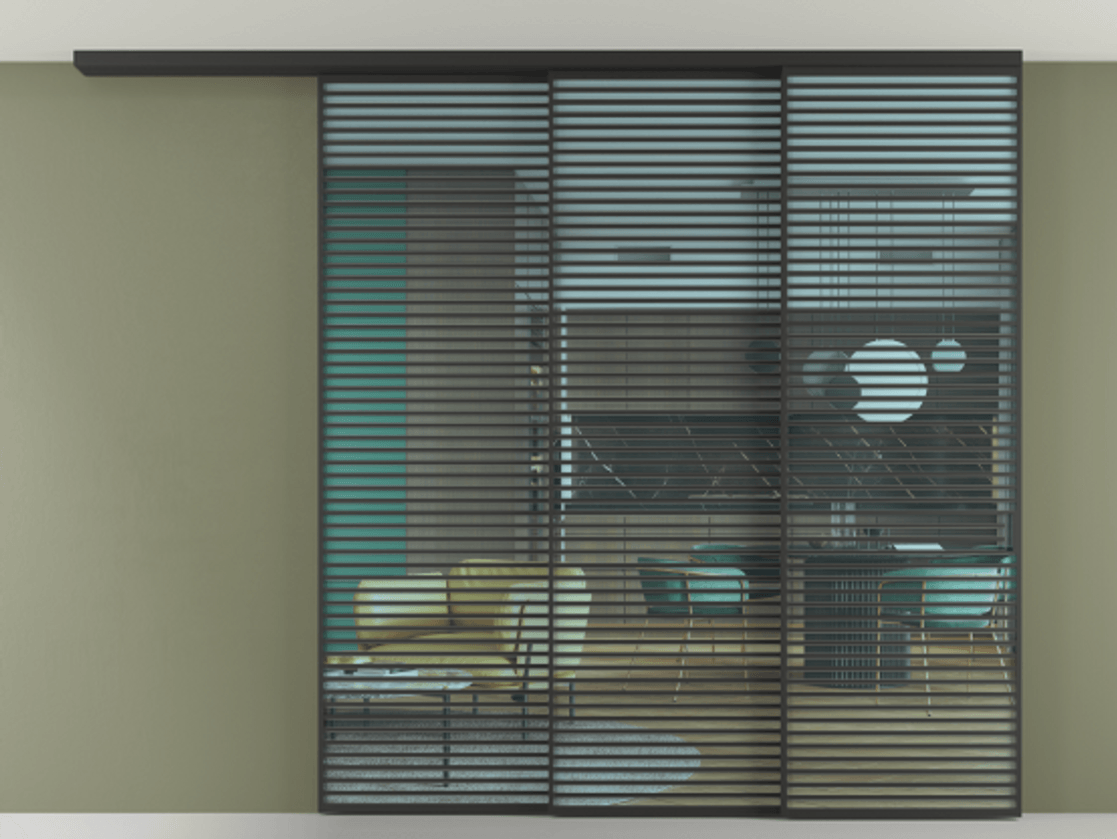 Перегородка Formato вдоль стены на потолок 3 створки с синхронным механизмом АЛПР 040.07 Алюминий Черный Прозрачное голубое стекло, триплекс Цена 623672 ₽ | Volhovec