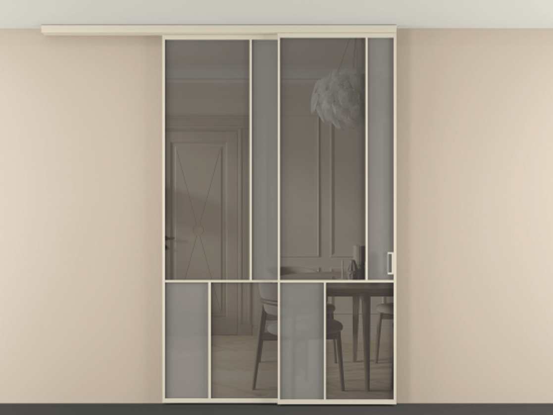 Перегородка Mosaic вдоль стены на потолок телескопик синхро 2 АЛПР 041.21 Алюминий бежево-серый Сатинированное серое стекло, триплекс, 6 мм + Прозрачное серое стекло, триплекс Цена 346080 ₽ | Volhovec