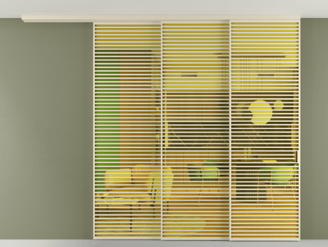 Перегородка Formato вдоль стены на потолок 3 створки с синхронным механизмом АЛПР 040.07 Алюминий бежево-серый Прозрачное жёлтое стекло, триплекс Цена 655084 ₽ | Volhovec