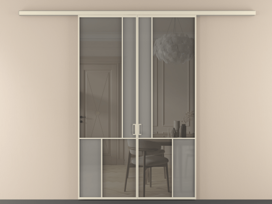 Перегородка Mosaic вдоль стены двустворчатая АЛПР 041.20 Алюминий бежево-серый Сатинированное серое стекло, триплекс, 6 мм + Прозрачное серое стекло, триплекс Цена 264860 ₽ | Volhovec