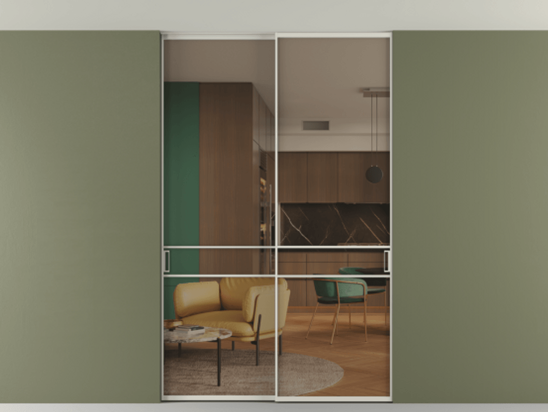 Перегородка Формато внутри проёма скрытое крепление в потолок 2 створки АЛПР 040.02 Алюминий облачно-серый Прозрачное бронзовое стекло, триплекс Цена 256476 ₽ | Volhovec