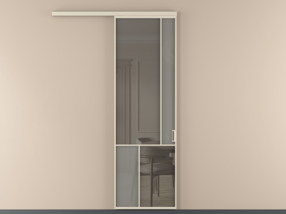 Перегородка Mosaic вдоль стены одностворчатая АЛПР 041.21 Алюминий бежево-серый Сатинированное серое стекло, триплекс, 6 мм + Прозрачное серое стекло, триплекс Цена 137030 ₽ | Volhovec