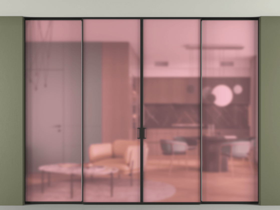 Перегородка Formato внутри проёма скрытое крепление в потолок 4 створки АЛПР 040.01 Алюминий Черный Сатинированное розовое стекло, триплекс Цена 426076 ₽ | Volhovec