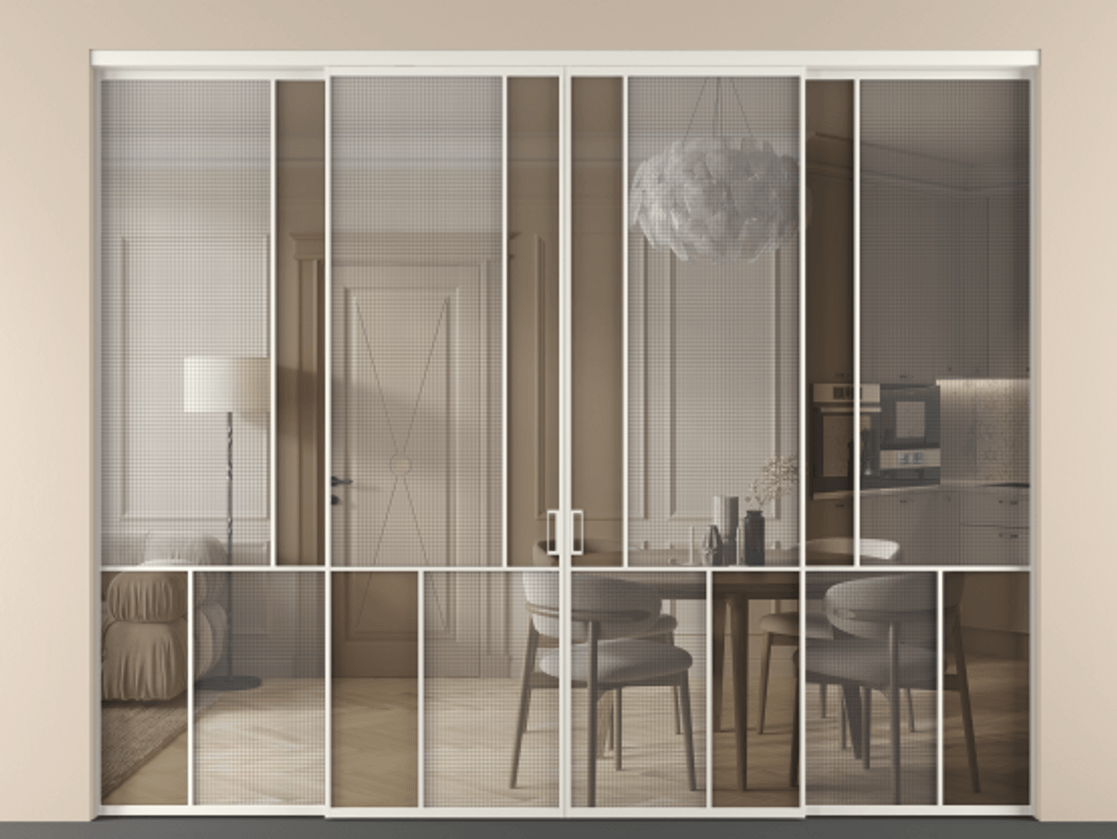 Перегородка Mosaic внутри проёма 4 створки АЛПР 041.20 Алюминий Белый Декоративное стекло с сеткой "Mesh silver", триплекс, 6 мм + Прозрачное бронзовое стекло, триплекс. Скрытый короб БЕЛ Цена 3142430 AMD . Фабрика дверей Волховец 8 (800) 551 43 19 Перегородка Mosaic внутри проёма 4 створки АЛПР 041.20 Алюминий Белый Декоративное стекло с сеткой "Mesh silver", триплекс, 6 мм + Прозрачное бронзовое стекло, триплекс Цена 3142430 AMD | Volhovec