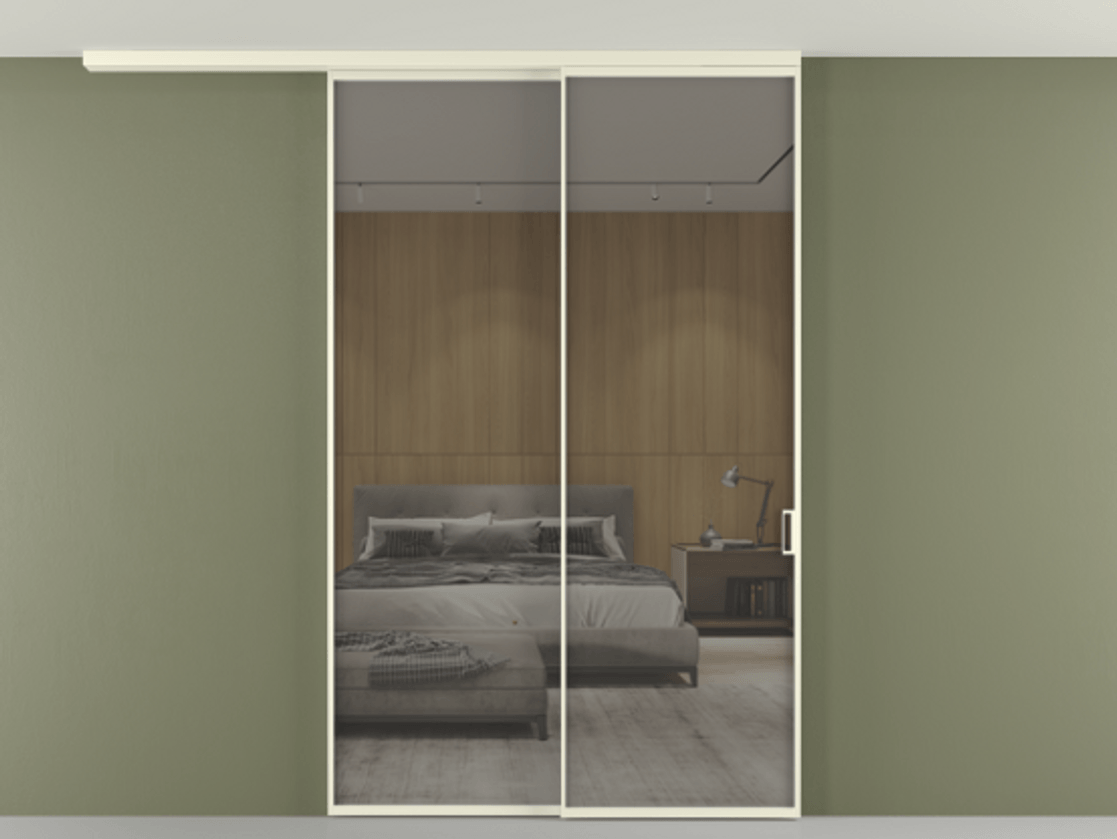 Перегородка Formato вдоль стены на потолок 2 створки с синхронным механизмом АЛПР 040.01 Алюминий молочно-белый Рефлективное серое стекло "Stopsol", калёное Цена 315140 ₽ | Volhovec