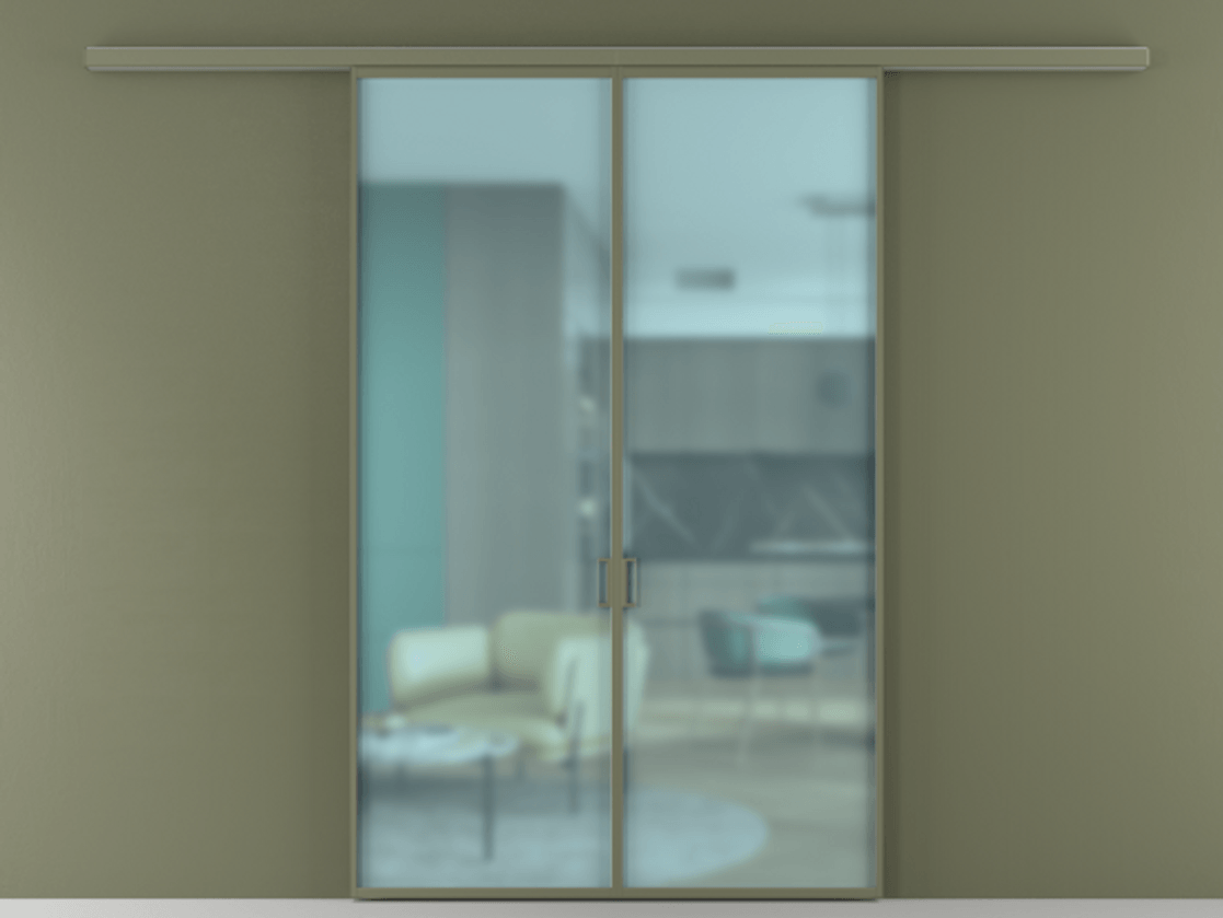 Перегородка Formato вдоль стены 2 створки АЛПР 040.01 Алюминий оливковый тёмный Сатинированное голубое стекло, триплекс Цена 187350 ₽ | Volhovec