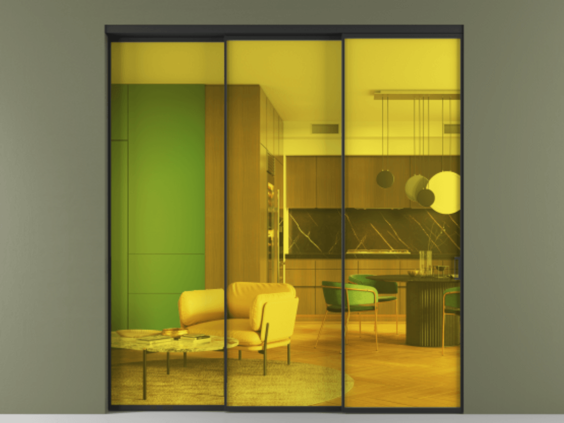 Перегородка Formato внутри проёма 3 створки с синхронным механизмом АЛПР 040.01 Алюминий Черный Прозрачное жёлтое стекло, триплекс Цена 316120 ₽  | Volhovec