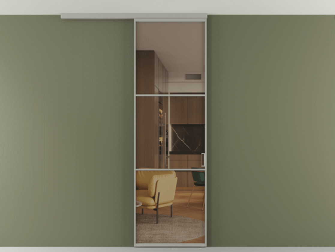 Перегородка Формато вдоль стены на потолок 1 створка АЛПР 040.03 Алюминий нейтральный серый Прозрачное бронзовое стекло, триплекс Цена 100988 ₽ | Volhovec