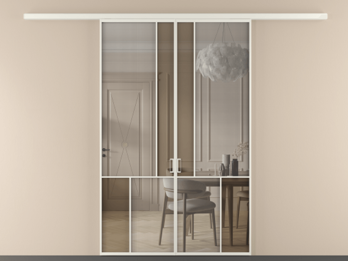 Перегородка Mosaic вдоль стены двустворчатая АЛПР 041.20 Алюминий Белый Декоративное стекло с сеткой "Mesh silver", триплекс, 6 мм + Прозрачное бронзовое стекло, триплекс, 6 мм Цена 251560 ₽ | Volhovec