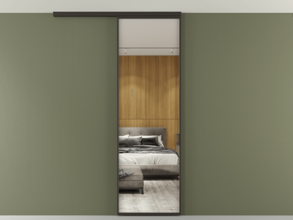 Перегородка Formato вдоль стены на потолок 1 створка АЛПР 040.01 Алюминий антрацит Двустороннее зеркало, триплекс , триплекс 6 мм Цена 105860 ₽ | Volhovec