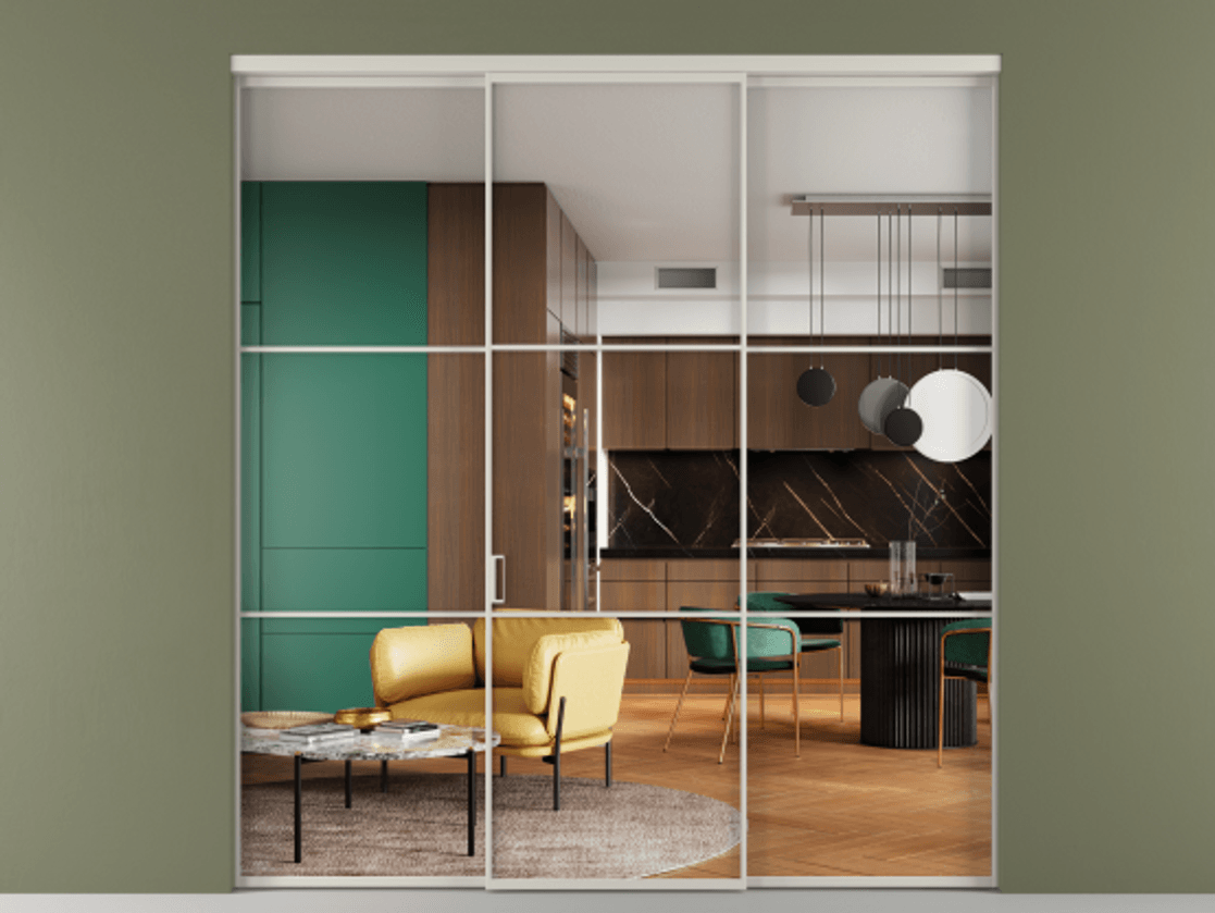 Перегородка Formato внутри проёма 3 створки АЛПР 040.03 Алюминий тёплый серый Прозрачное стекло "Crystal Vision", калёное Цена 317600 ₽ | Volhovec