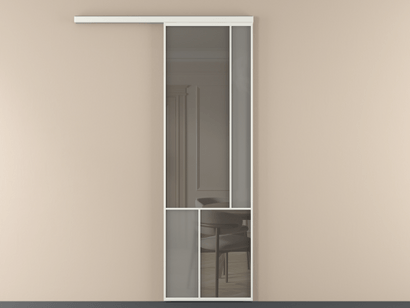 Алюминевая перегородка vd1_1 Алюминий светло-серый Серый сатин матовое + Серый прозрачное. Цвет Алюминий светло-серый. Материал Алюминий в эмали. Коллекция New Перегородка Mosaic вдоль стены одностворчатая. Картинка.