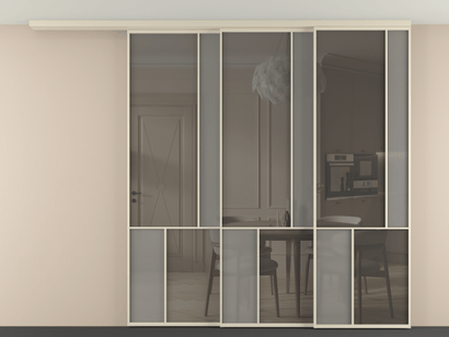 Алюминевая перегородка vdt3_1 Алюминий бежево-серый Серый сатин матовое + Серый прозрачное. Цвет Алюминий бежево-серый. Материал Алюминий в эмали. Коллекция New Перегородка Mosaic вдоль стены телескопик синхро 3. Картинка.