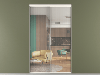 Алюминевая перегородка vn2_01_ Алюминий пудровый белый Moru. Цвет Алюминий пудровый белый. Материал Алюминий в эмали. Коллекция Перегородка Formato внутри проёма двустворчатая. Картинка.