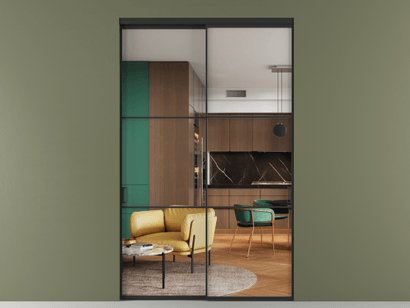 Алюминевая перегородка vn2_03 Crystalvision ЧЕР. Цвет Алюминий Черный. Материал Алюминий. Коллекция Перегородка Formato внутри проёма двустворчатая. Картинка.