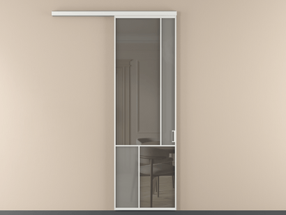 Алюминевая перегородка vd1_1_АБЛ_Серый сатин триплекс+Серый триплекс_new. Цвет Алюминий белоснежный. Материал Алюминий в эмали. Коллекция Перегородка Mosaic вдоль стены одностворчатая. Картинка.