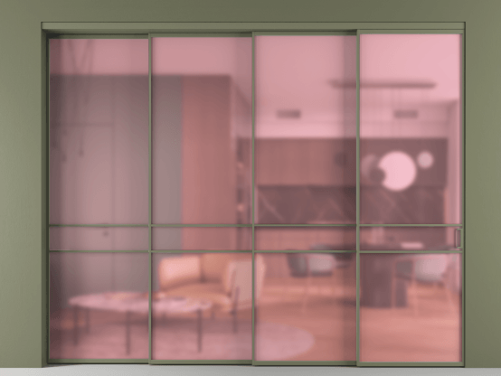 Алюминевая перегородка АЛПР 040.02_АОТ_САТ РОЗ_new. Цвет Алюминий оливковый тёмный. Материал Алюминий в эмали. Коллекция Перегородка Formato внутри проёма 4 створки с синхронным механизмом. Картинка.