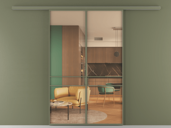 Алюминевая перегородка АЛПР 040.02_АОТ_ПРОЗ ОРАНЖ_new. Цвет Алюминий оливковый тёмный. Материал Алюминий в эмали. Коллекция Перегородка Formato вдоль стены 2 створки. Картинка.