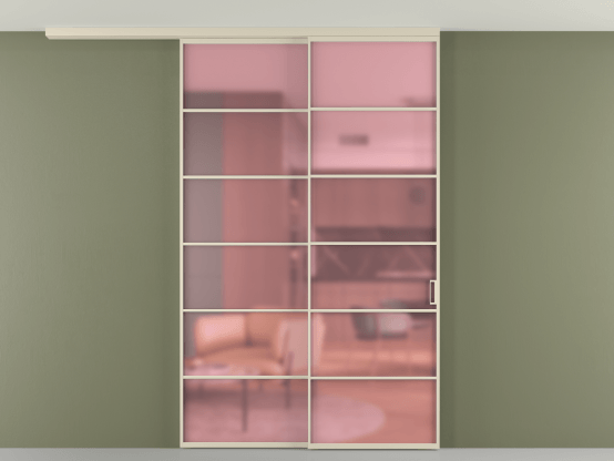 Алюминевая перегородка pv2_2_04_ Алюминий бежево-серый Сатинированное розовое стекло, триплекс, 6мм. Цвет Алюминий бежево-серый. Материал Алюминий в эмали. Коллекция Перегородка Формато вдоль стены на потолок 2 створки с синхронным механизмом. Картинка.