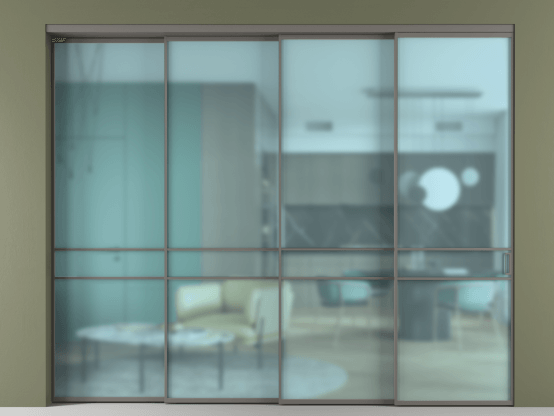 Алюминевая перегородка АЛПР 040.02_АКЛС_САТ ГОЛ_new. Цвет Алюминий классический серый. Материал Алюминий в эмали. Коллекция Перегородка Formato внутри проёма 4 створки с синхронным механизмом. Картинка.