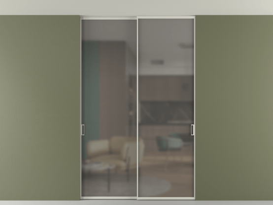 Алюминевая перегородка vn2_01 Алюминий тёплый серый Серый сатин матовое. Цвет Алюминий тёплый серый. Материал Алюминий в эмали. Коллекция Перегородка Формато внутри проёма скрытое крепление в потолок 2 створки. Картинка.