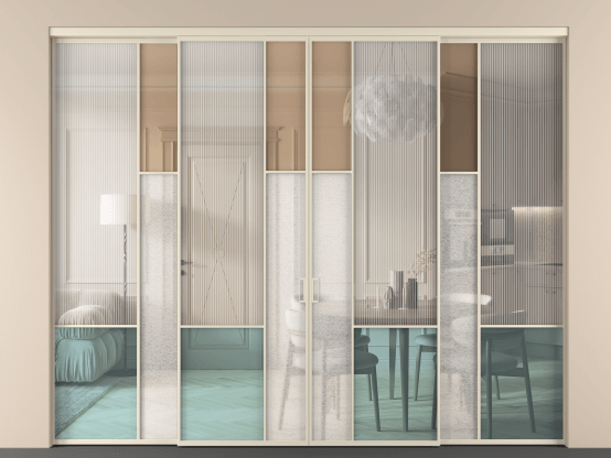 Алюминевая перегородка vnt4_8 Алюминий бежево-серый Четыре стекла. Цвет Алюминий бежево-серый. Материал Алюминий в эмали. Коллекция Перегородка Mosaic внутри проёма 4 створки. Картинка.