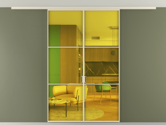 Алюминевая перегородка vd2_03 Алюминий бежево-серый Прозрачное жёлтое стекло, триплекс, 6мм. Цвет Алюминий бежево-серый. Материал Алюминий в эмали. Коллекция Перегородка Formato вдоль стены на потолок 2 створки. Картинка.