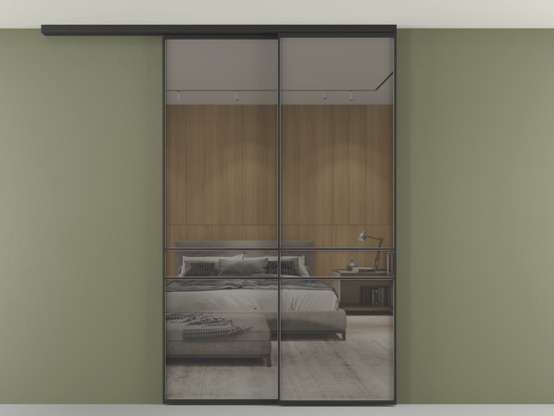 Алюминевая перегородка pv2_2_02 Stopsol Grey прозрачное ЧЕР. Цвет Алюминий Черный. Материал Алюминий. Коллекция Перегородка Формато вдоль стены на потолок 2 створки с синхронным механизмом. Картинка.