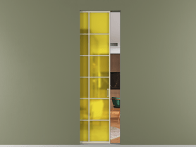 Алюминевая перегородка skr1_05_ Алюминий бежево-серый Сатинированное жёлтое стекло, триплекс, 6мм. Цвет Алюминий бежево-серый. Материал Алюминий в эмали. Коллекция Перегородка Формато скрытый пенал 1 створка. Картинка.