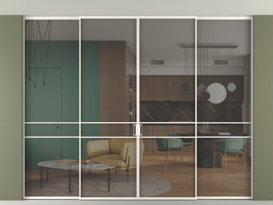 Алюминевая перегородка vn2+2_02 Алюминий пудровый белый Серый прозрачное. Цвет Алюминий пудровый белый. Материал Алюминий в эмали. Коллекция Перегородка Formato внутри проёма скрытое крепление в потолок 4 створки. Картинка.