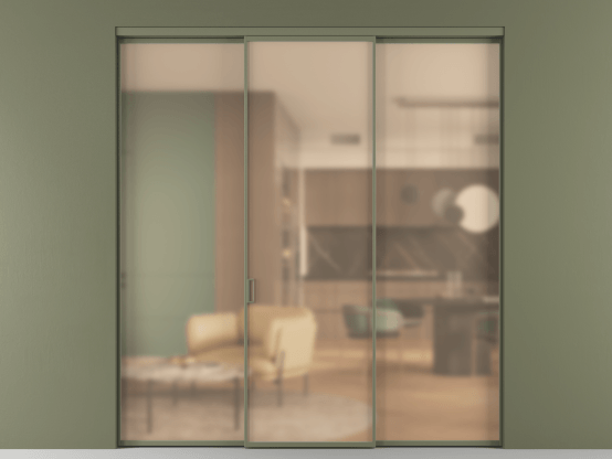 Алюминевая перегородка АЛПР 040.01_АОТ_САТ ОРАНЖ_new. Цвет Алюминий оливковый тёмный. Материал Алюминий в эмали. Коллекция Перегородка Formato внутри проёма 3 створки. Картинка.