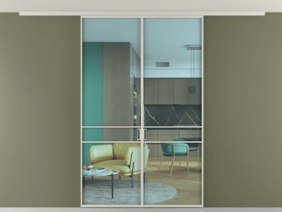 Алюминевая перегородка vd2_02 Алюминий тёплый серый Прозрачное голубое стекло, триплекс, 6мм. Цвет Алюминий тёплый серый. Материал Алюминий в эмали. Коллекция Перегородка Formato вдоль стены на потолок 2 створки. Картинка.