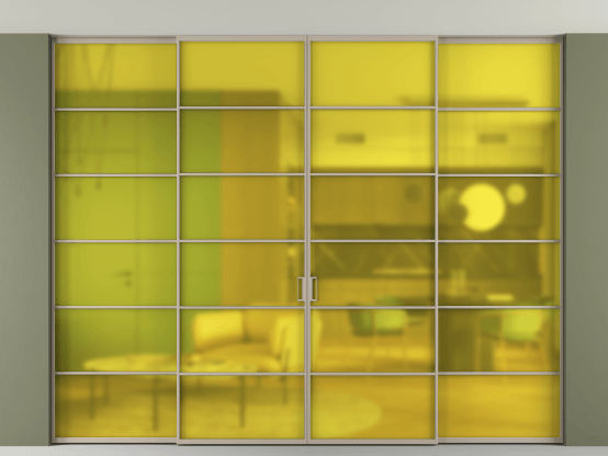 Алюминевая перегородка АЛПР 040.04_АБСК_САТ ЖЕЛ_new. Цвет Алюминий бисквитный. Материал Алюминий в эмали. Коллекция Перегородка Formato внутри проёма скрытое крепление в потолок 4 створки. Картинка.