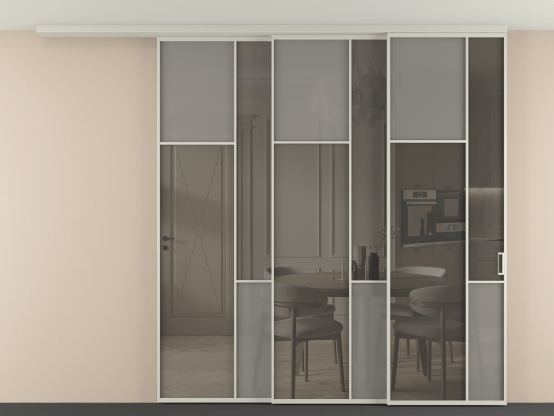 Алюминевая перегородка vdt3_7 Алюминий тёплый серый Серый сатин матовое + Серый прозрачное. Цвет Алюминий тёплый серый. Материал Алюминий в эмали. Коллекция Перегородка Mosaic вдоль стены на потолок 3 створки с синхронным механизмом. Картинка.