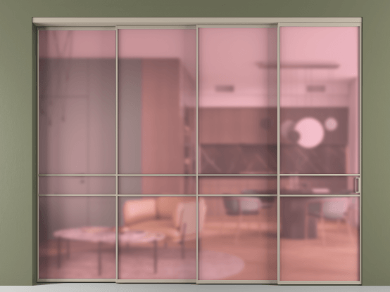 Алюминевая перегородка АЛПР 040.02_АБСК_САТ РОЗ_new. Цвет Алюминий бисквитный. Материал Алюминий в эмали. Коллекция Перегородка Formato внутри проёма 4 створки с синхронным механизмом. Картинка.