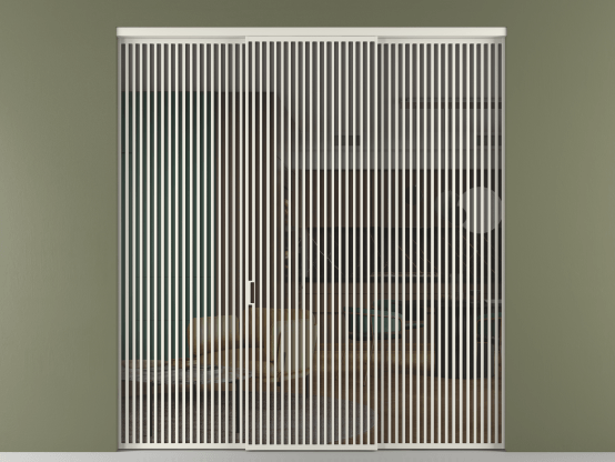 Алюминевая перегородка vn2_06 Серый триплекс БЕЛ. Цвет Алюминий Белый. Материал Алюминий. Коллекция Перегородка Formato внутри проёма 3 створки. Картинка.