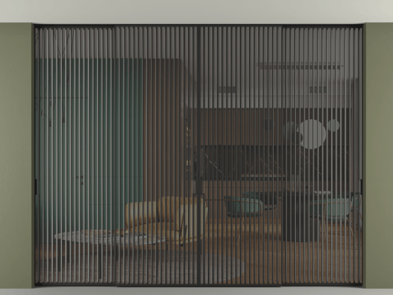 Алюминевая перегородка p2+2_06 Серый триплекс ЧЕР. Цвет Алюминий Черный. Материал Алюминий. Коллекция Перегородка Formato внутри проёма скрытое крепление в потолок 4 створки. Картинка.