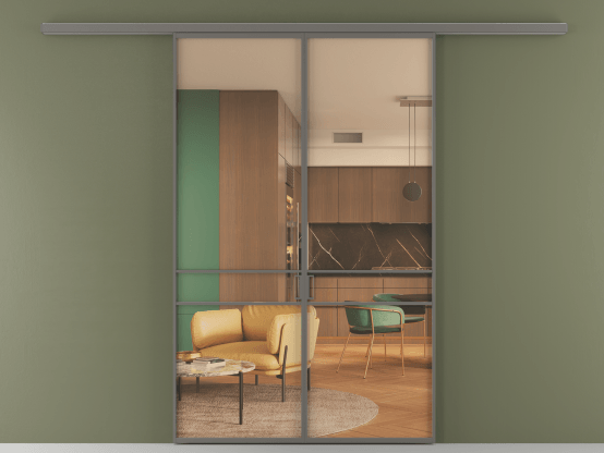 Алюминевая перегородка АЛПР 040.02_АКЛС_ПРОЗ ОРАНЖ_new. Цвет Алюминий классический серый. Материал Алюминий в эмали. Коллекция Перегородка Formato вдоль стены 2 створки. Картинка.