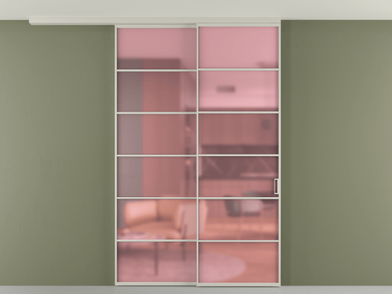 Алюминевая перегородка pv2_2_04_ Алюминий тёплый серый Сатинированное розовое стекло, триплекс, 6мм. Цвет Алюминий тёплый серый. Материал Алюминий в эмали. Коллекция Перегородка Формато вдоль стены на потолок 2 створки с синхронным механизмом. Картинка.