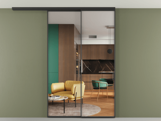 Алюминевая перегородка pv2_2_01 Crystal Vision прозрачное ЧЕР. Цвет Алюминий Черный. Материал Алюминий. Коллекция Перегородка Формато вдоль стены на потолок 2 створки с синхронным механизмом. Картинка.