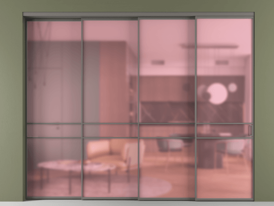 Алюминевая перегородка АЛПР 040.02_АКЛС_САТ РОЗ_new. Цвет Алюминий классический серый. Материал Алюминий в эмали. Коллекция Перегородка Formato внутри проёма 4 створки с синхронным механизмом. Картинка.