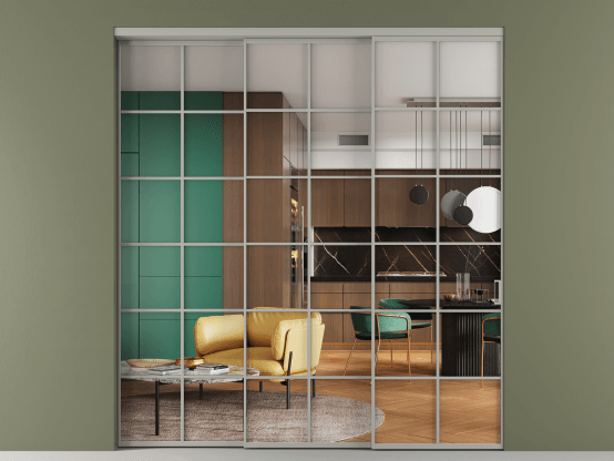 Алюминевая перегородка АЛПР 040.05_АНСР_Crystalvision_new. Цвет Алюминий нейтральный серый. Материал Алюминий в эмали. Коллекция Перегородка Formato внутри проёма 3 створки с синхронным механизмом. Картинка.