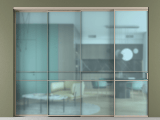 Алюминевая перегородка АЛПР 040.02_АБСК_САТ ГОЛ_new. Цвет Алюминий бисквитный. Материал Алюминий в эмали. Коллекция Перегородка Formato внутри проёма 4 створки с синхронным механизмом. Картинка.